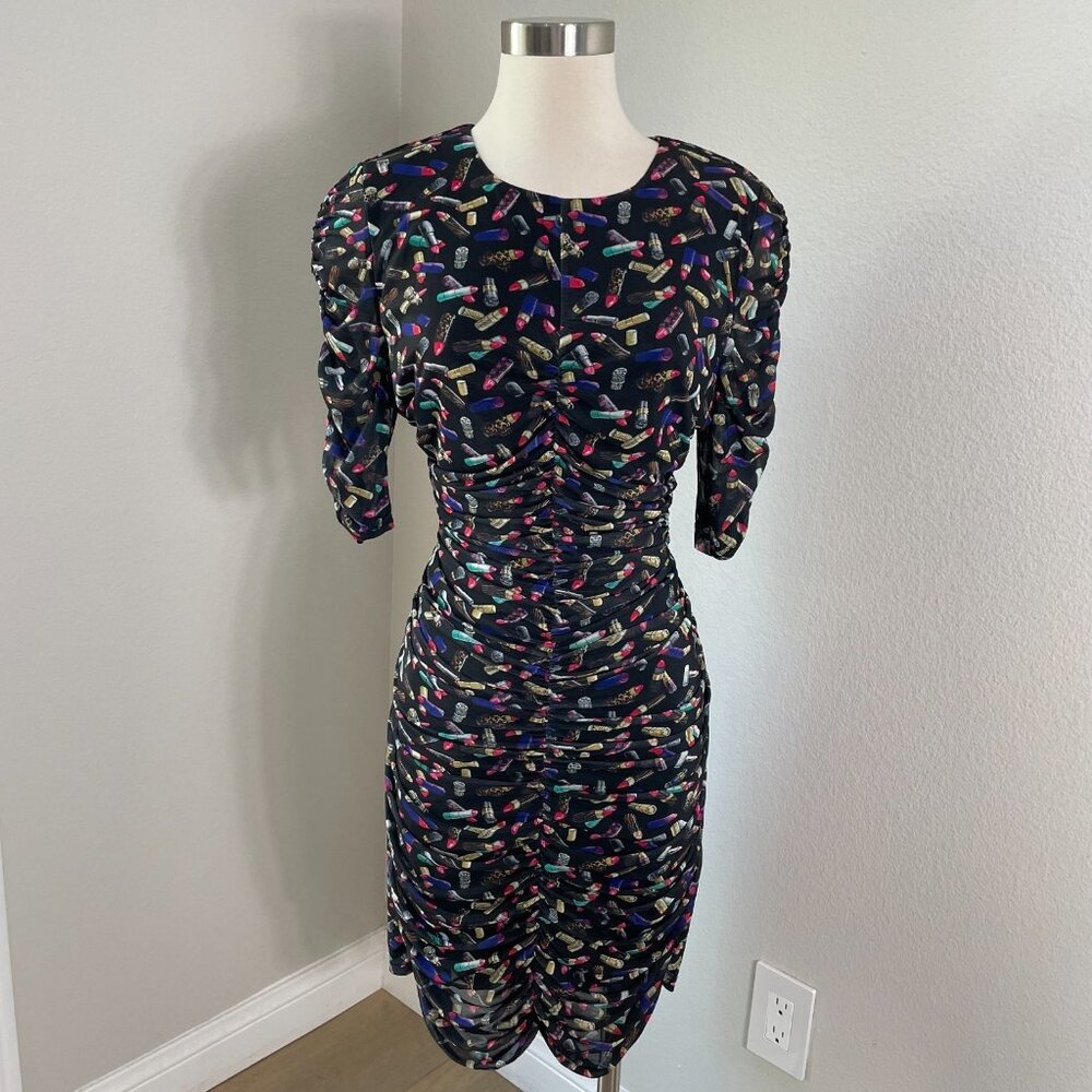 NEW $179 Nicole Miller‎ Womens Large LEANNA MESH SHORT SLEEVE DRESS Ruched